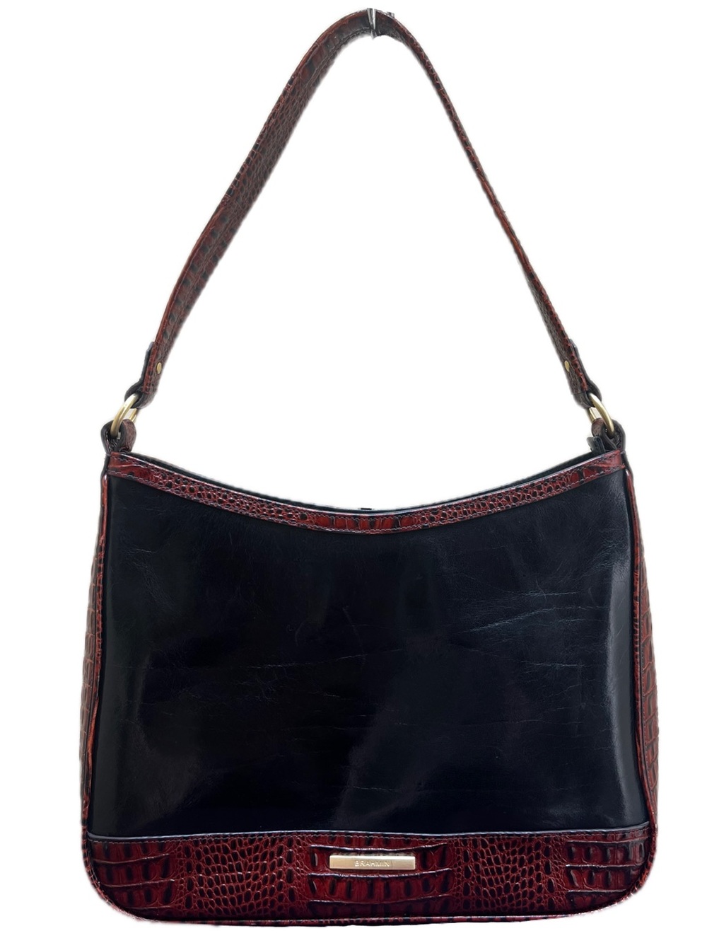 Brahmin Vintage Two-Tone Croc Embossed Brown & Smooth Black Leather Shoulder Bag